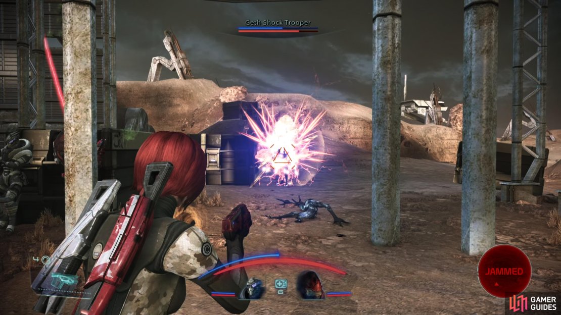 Retreat to the side and pick off Geth Shock Troopers as they advance.