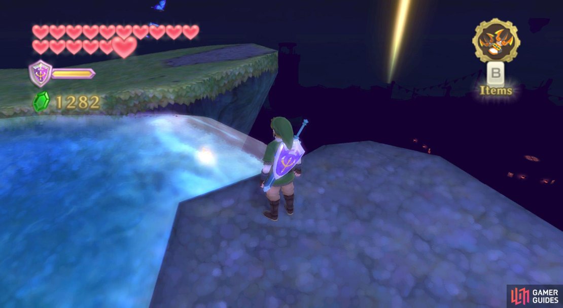 11: At the top of the waterfall in Skyloft. Use the Clawshots to climb the floating platforms near the entrance. Then use the Beetle or your sword to collect it.