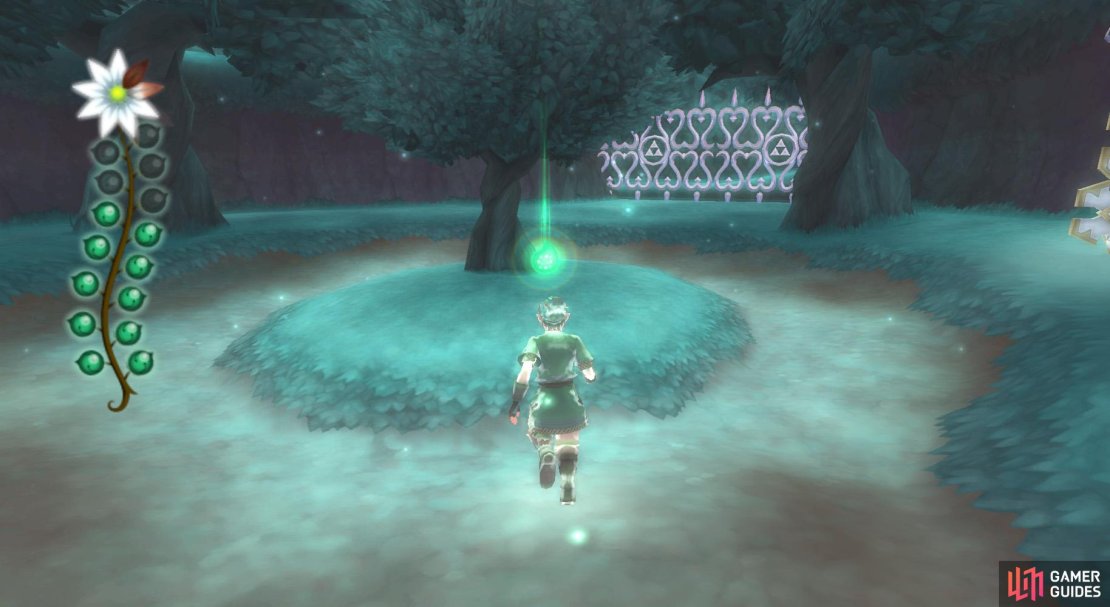 11. Jump down from the ledge. Up ahead, there&rsquo;s a tree surrounded by Waking Water. Wait for the water to disappear.