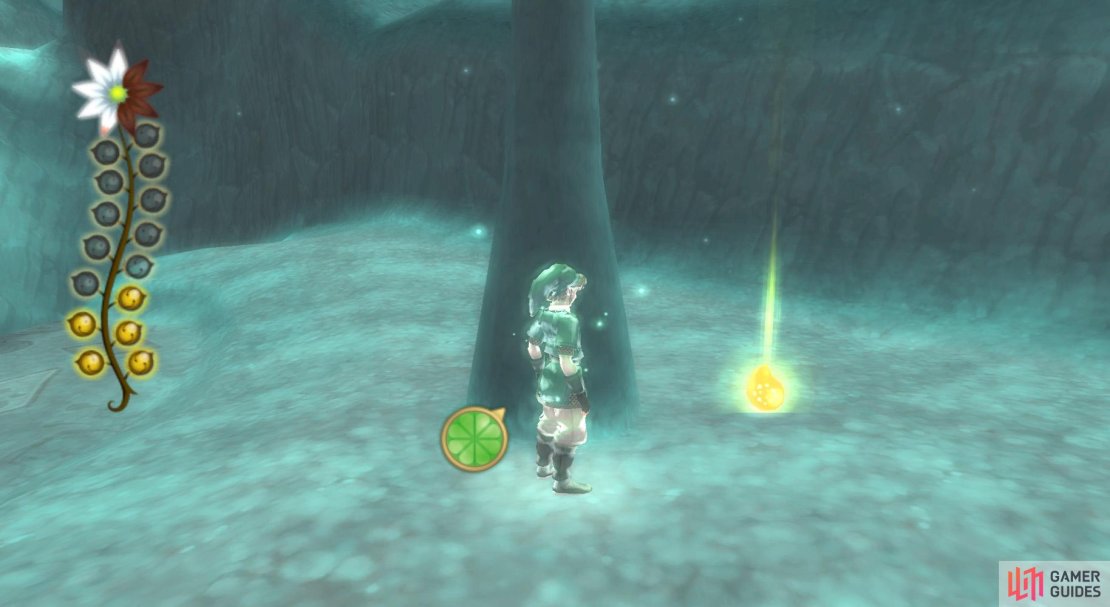 6. Run past the Watchers again, going around the wall on the left. Run up to the tree and roll into it to dislodge this tear.