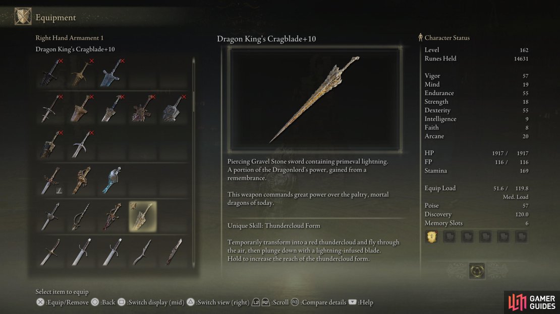 The Dragon King&rsquo;s Cragblade is obtained via Dragonlord Placidusax&rsquo;s Remembrance at Enia.