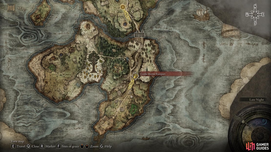 The location of the Barricade Shield Ashes of War in the Weeping Peninsula, where the Night&rsquo;s Cavalry patrols.