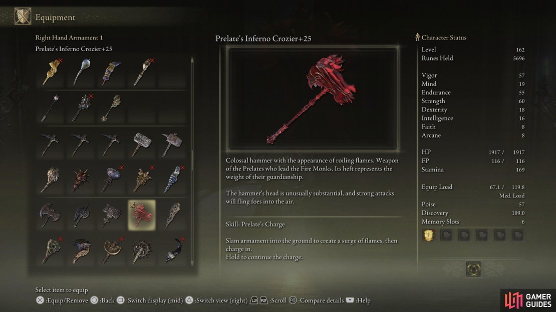 Prelate&rsquo;s Inferno Crozier is dropped by a Prelate at Fort Laidd in Caelid.