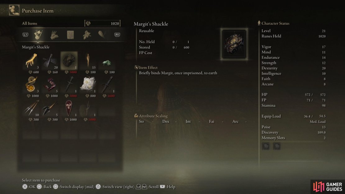 There is a wealth of useful items in his shop, especially Margit&rsquo;s Shackle!
