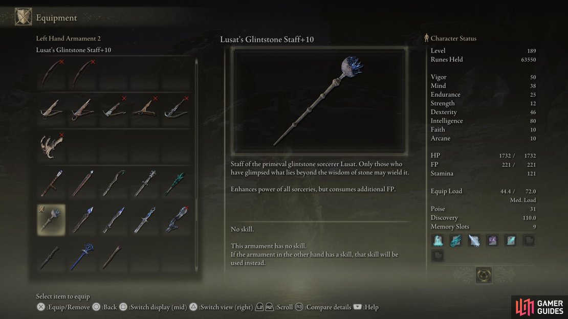 Lusat&rsquo;s Staff is popular among magic builds, as it has S-rank Intelligence scaling, high Sorcery scaling, and boosts magic damage at the expense of higher FP consumption.