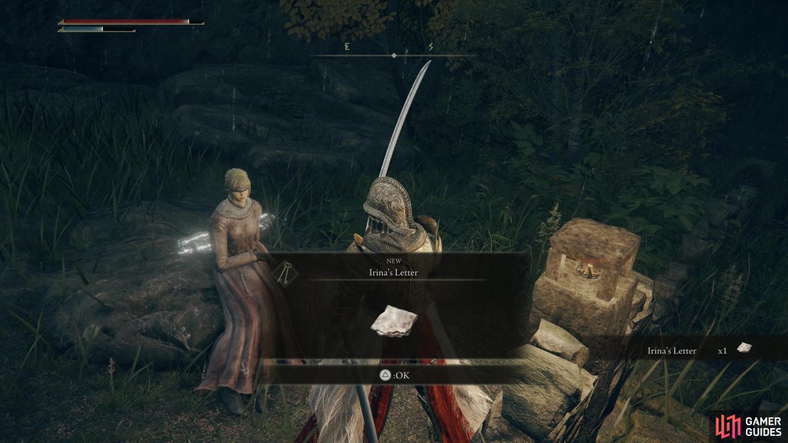 Talk to a woman named Irina south of the Bridge of Sacrifice to get Irina&rsquo;s Letter.