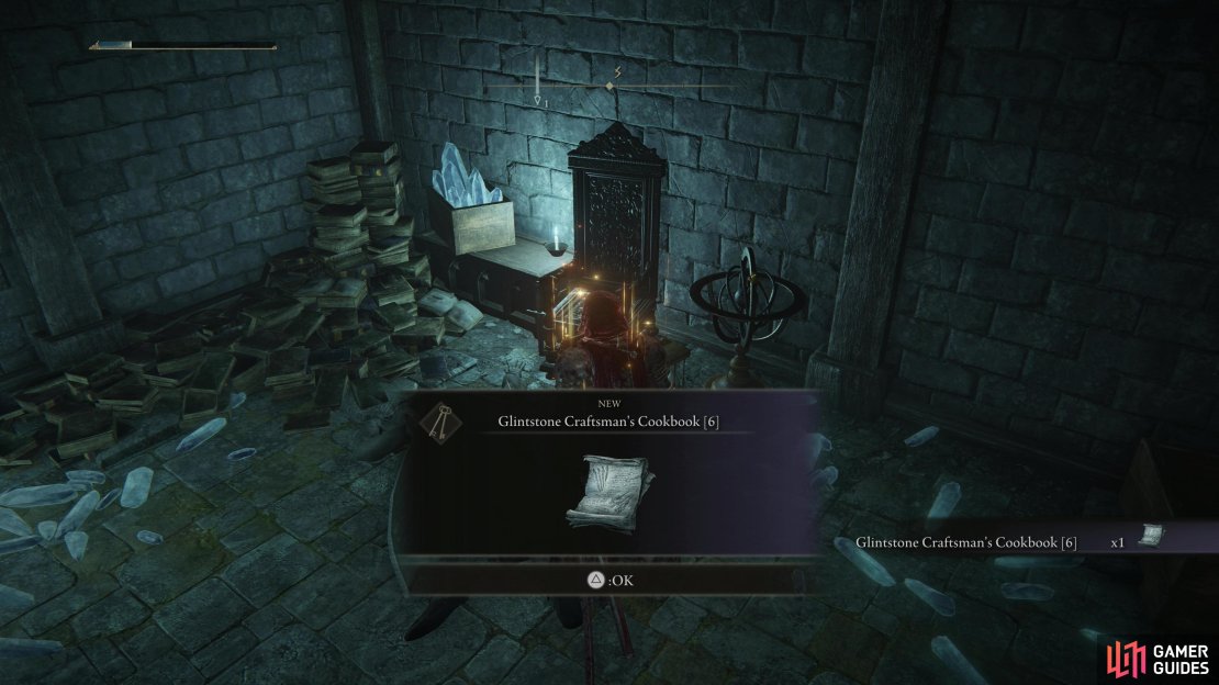 Search inside a building to find the Glintstone Craftsman&rsquo;s Cookbook (6).