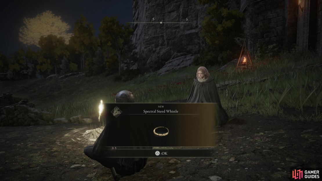 Rest at the Gatefront Site of Grace to obtain the &ldquo;Spectral Steed Whistle&rdquo;.