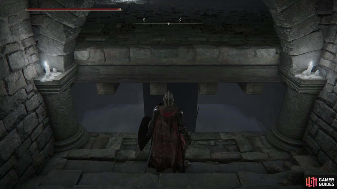 Trigger a trap floor, then drop down into the watery chamber below.