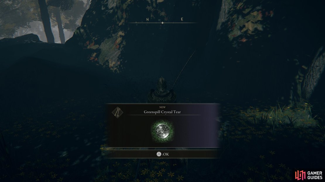 Loot a stone urn near the base of the tree to obtain the Greenspill Crystal Tear,