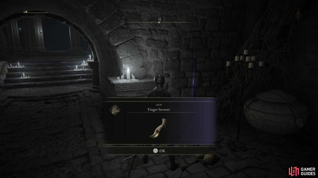 Leave the tutorial area and grab the Tarnished&rsquo;s Furled Finger and the Finger Serverer items.