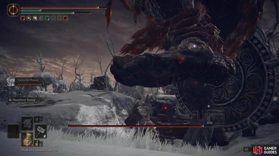 The Fire Giant will stomp on you if you get too close to his feet for prolonged periods of time.