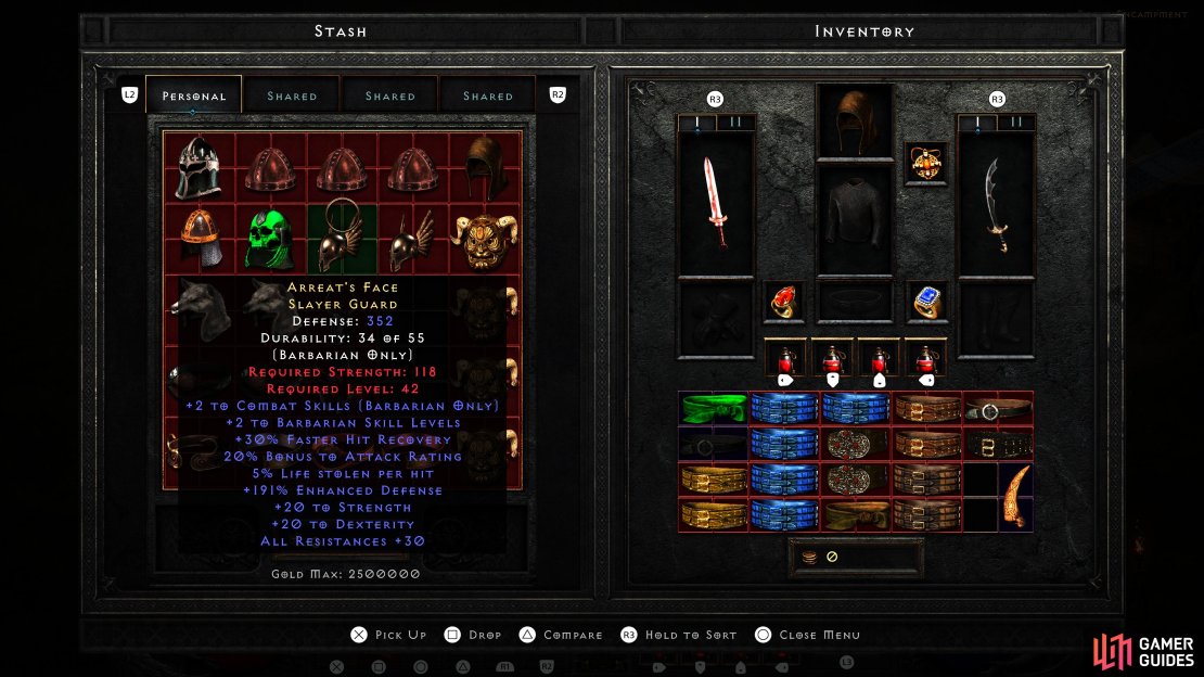 An example of Arreat&rsquo;s Face, a common mid-tier Barbarian helmet with high-tier stats.
