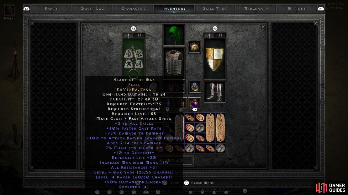 An example of the &ldquo;Heart of the Oak&rdquo; runeword.