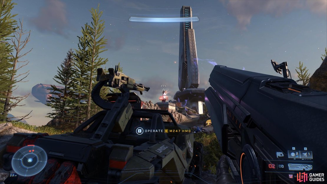Destroy the cannon outside the East Beacon with a powerful energy weapon, rocket launcher or the Skewer.