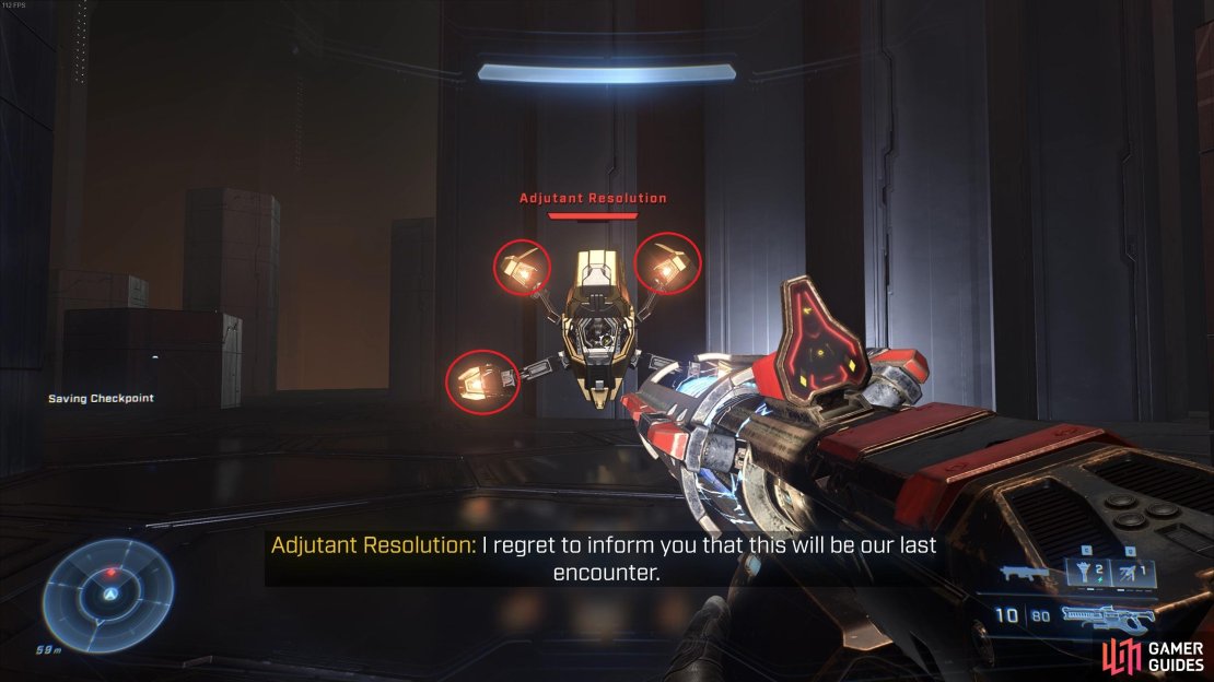 Shoot the eyes of the Adjutant Resolution to damage it and expose its core eye.