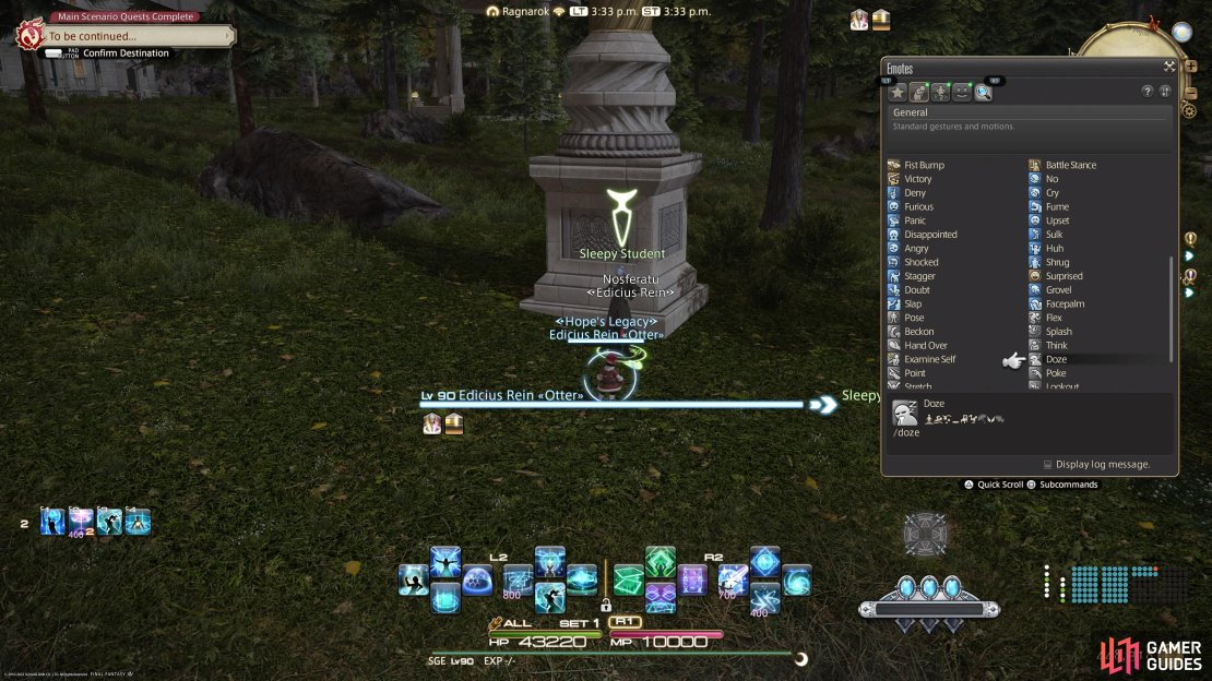 Head to (X 7.9, Y 13.8) and perform /doze in front of the Sleepy Student