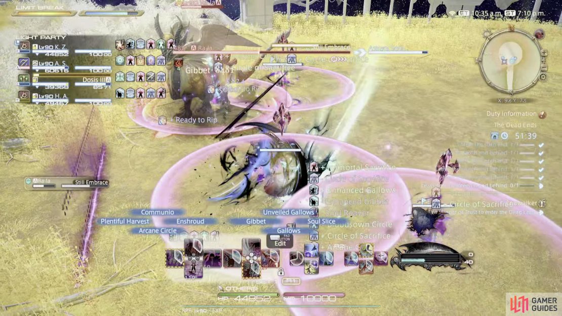 Still Embrace is Ra-La&rsquo;s party spread attack. Spread away from the rest of the party to avoid overlapping the purple markers.
