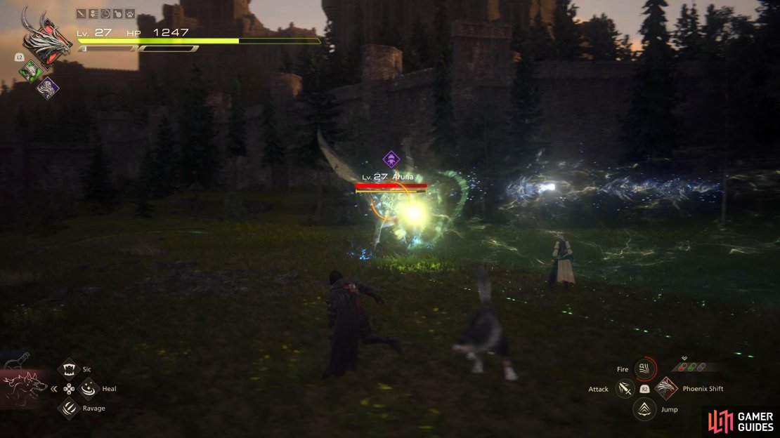 Wind Blast will display a faint green line on the floor which is where Aruna will fire the ball of wind.