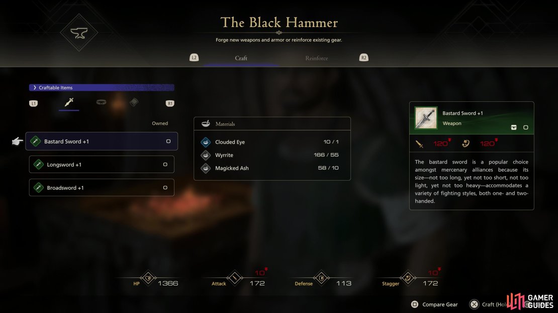 You can expend resources to craft gear at the blacksmith. Crafted gear will usually start out with a +1 enhancement.
