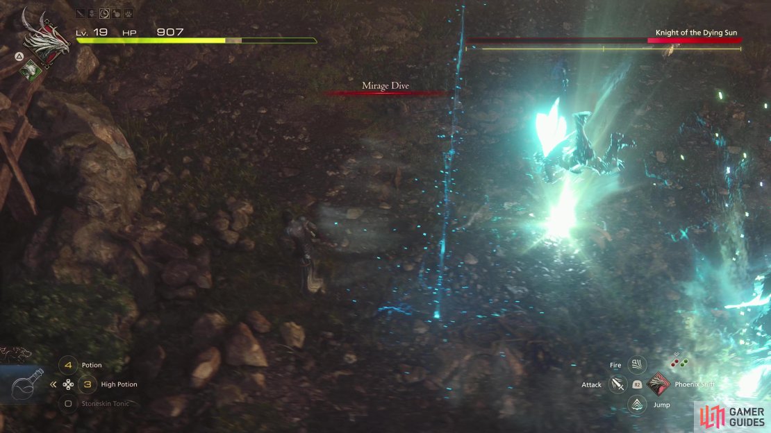 At the end of the quest you&rsquo;ll encounter another Dragoon - the Knight of the Dying Sun. When his health is low he&rsquo;ll use a new &ldquo;Mirage Dive&rdquo; attack, but otherwise he fights identically to the Knight of the Blinding Dawn.