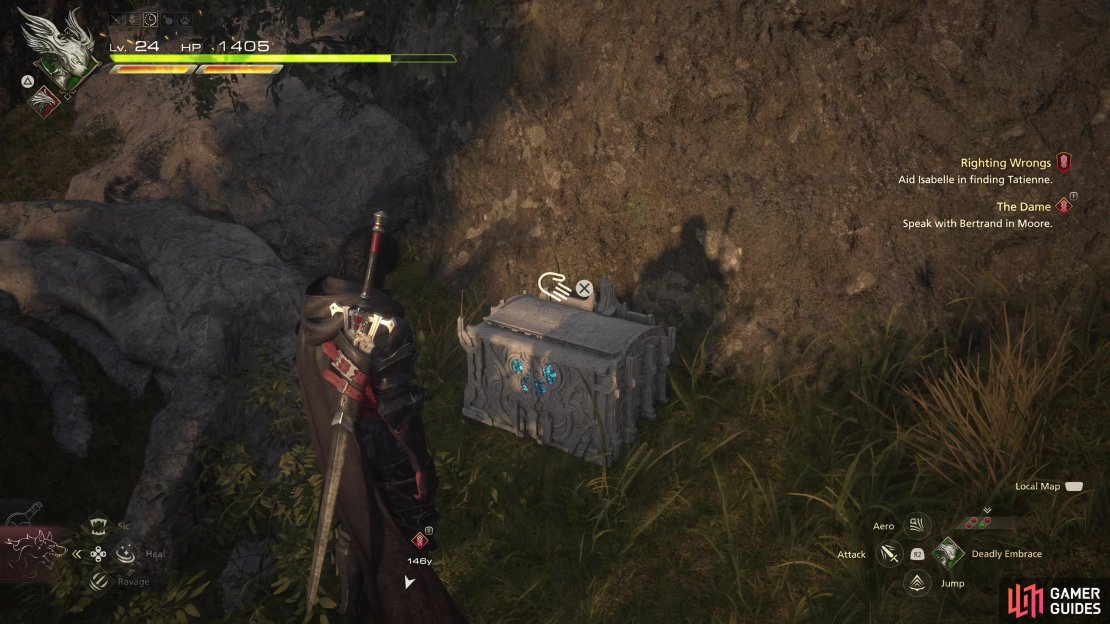 Search near some ruins northeast of Moore to find a chest.
