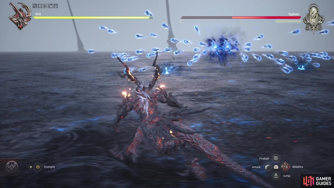 After his first use of Unending Clamor, !Typhon will use energy attacks more frequently, including shooting barrages of blue fireballs,