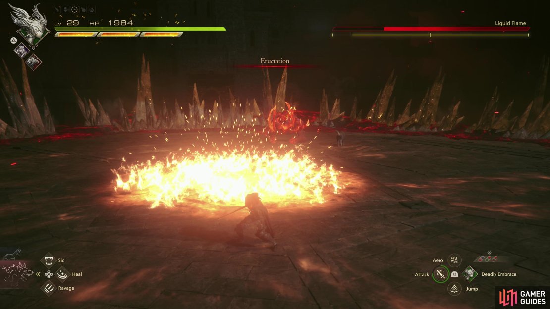 After being staggered once, the Liquid Flame will start using Eructation, causing a circle of ground to burst into flames.
