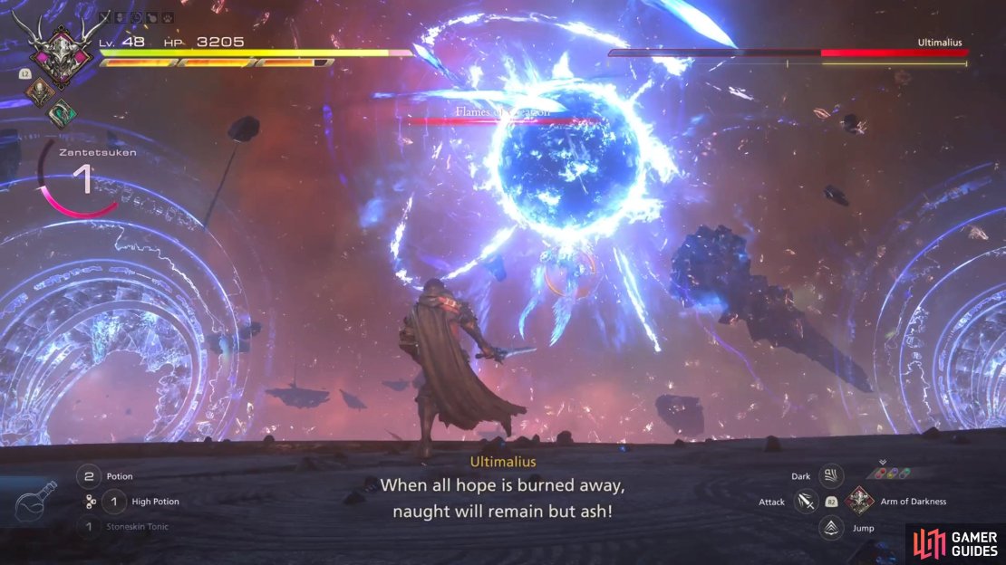 !Ultimalius channels his inner Goku, creating a giant fireball for Flames of Creation.