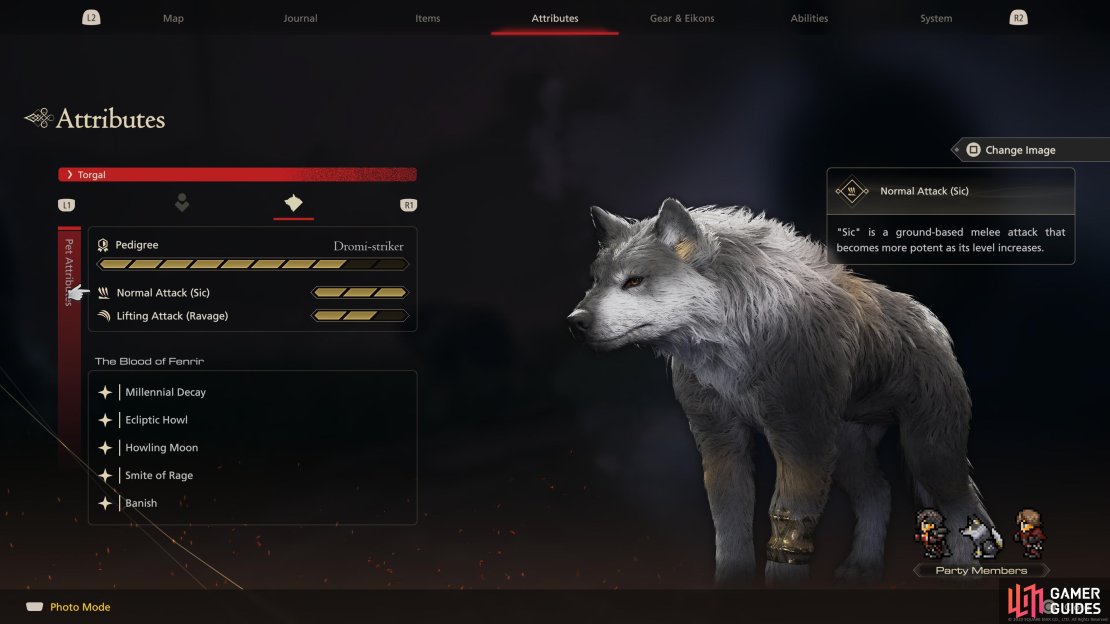 You can view !Torgal&rsquo;s attributes and the progress you&rsquo;ve made with his attacks by pressing R1 from the Attributes menu.