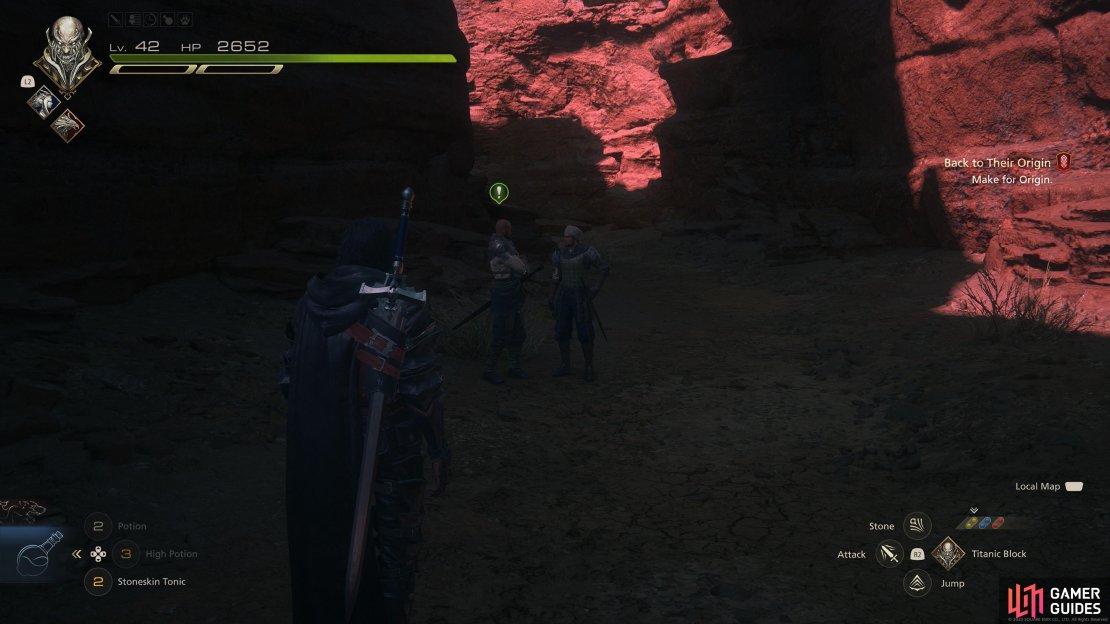 Start the Get Cart quest by speaking with the men at !Laetny&rsquo;s Cleft.