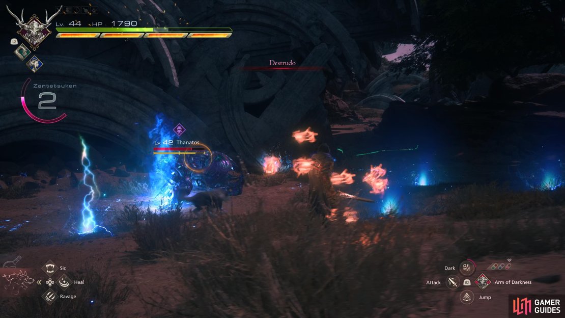 At the later stages of the battle, Thanatos will combine various attacks with Destrudo.