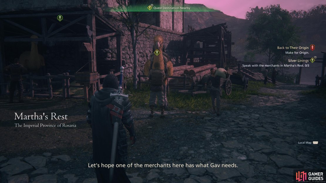 When you arrive at !Martha&rsquo;s Rest the Traveling Merchant will be right in front of you.