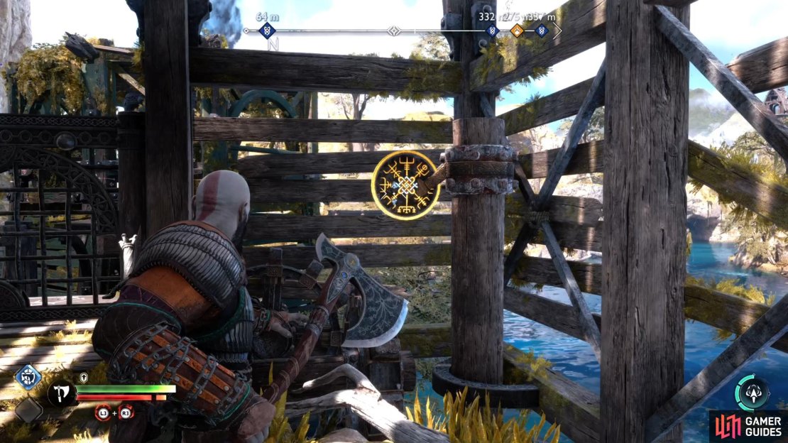 Hit the spinning wheel to lower the gate.