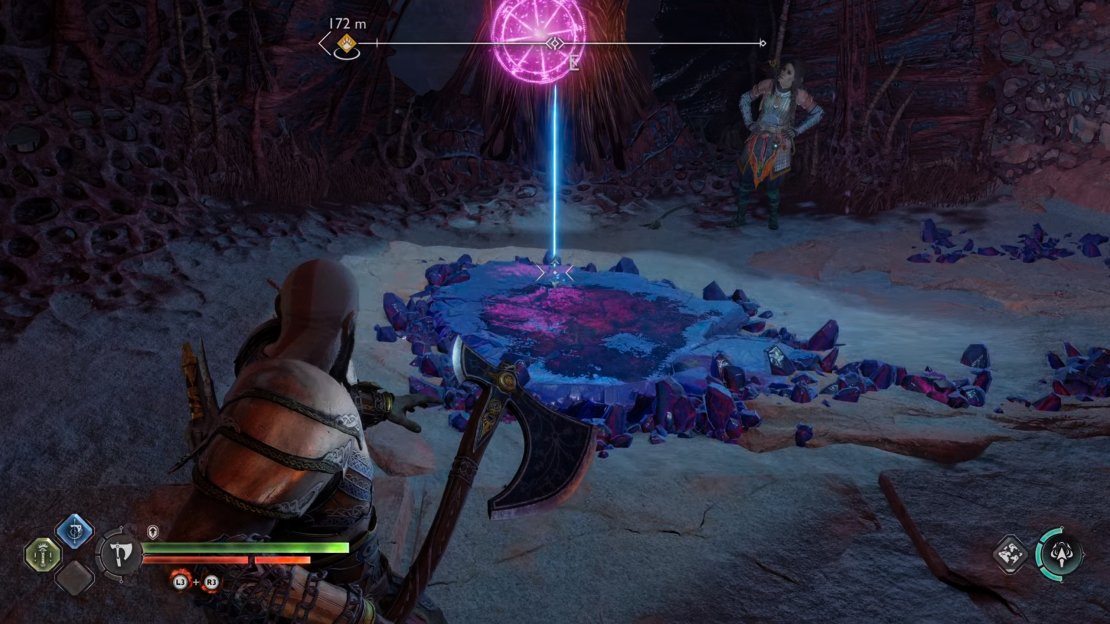 Throw the Leviathan Axe at the twilight stone on the floor to destroy the hive wall.