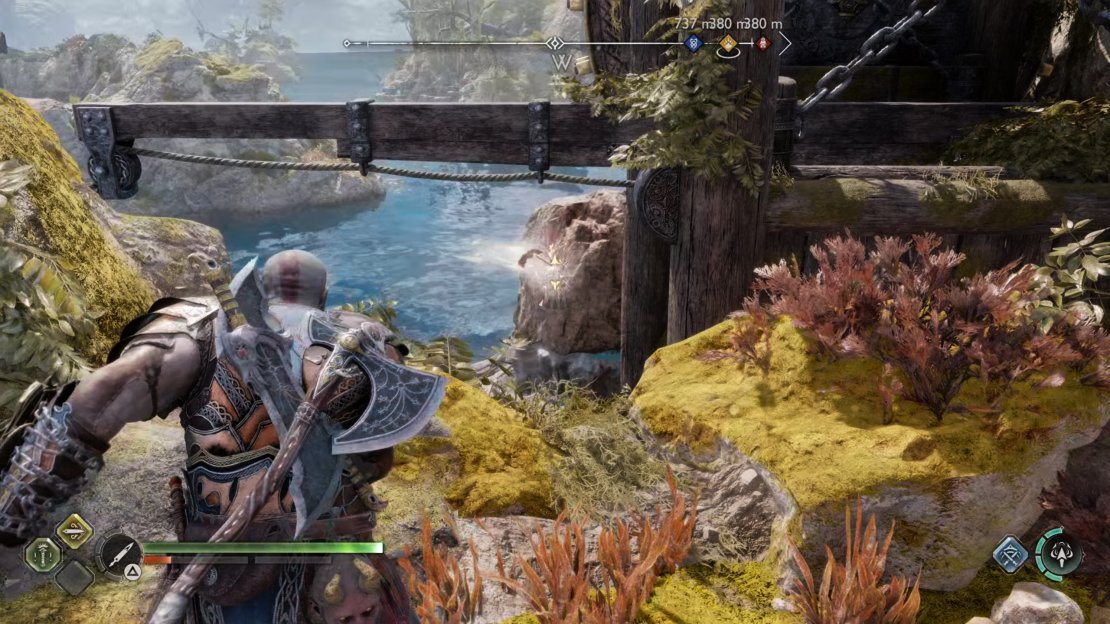Throw a Draupnir Spear at the rock here to get the wheel working again.