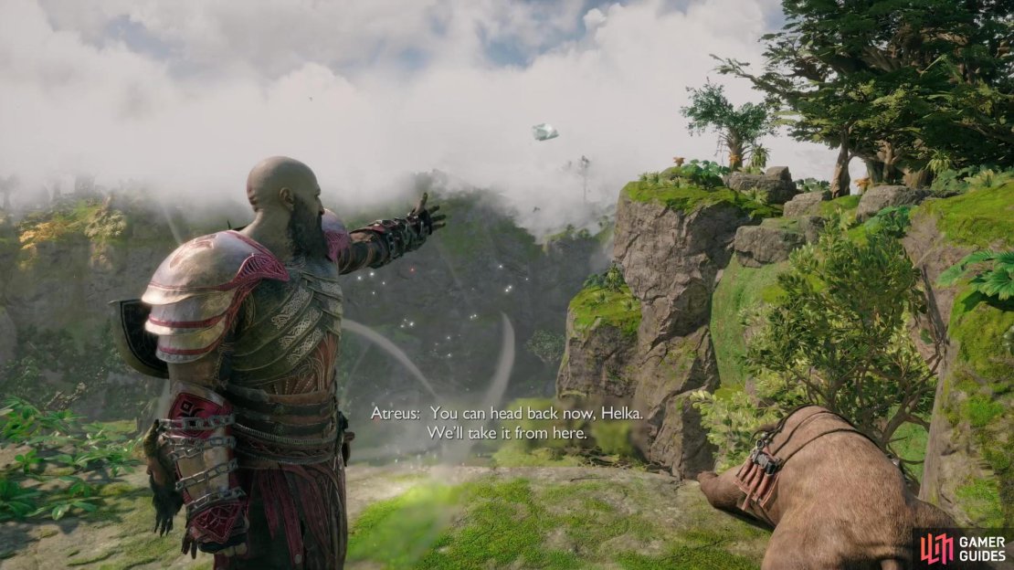 Find Helka waiting at the edge of a cliff and use Freyr&rsquo;s flying ship to row off to The Crater.