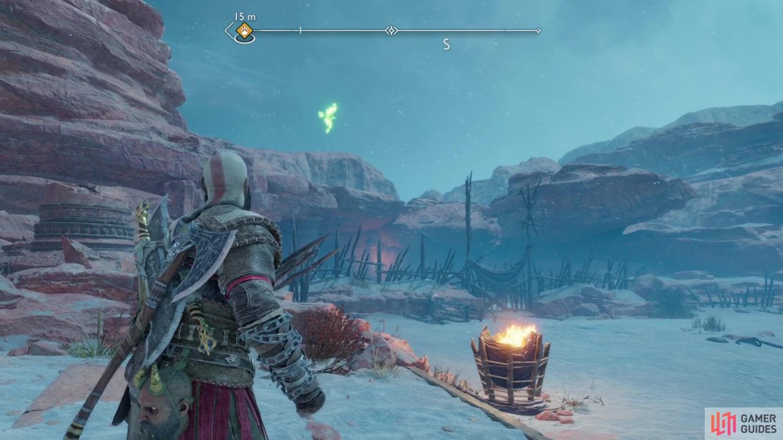 South of Sindri&rsquo;s shop you&rsquo;ll find one of Odin&rsquo;s Ravens flying around in a figure-eight pattern.