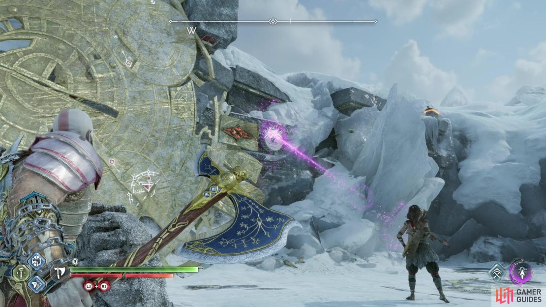 Hit the gears beside the shield with runic arrows and the Leviathan Axe to free said gears,