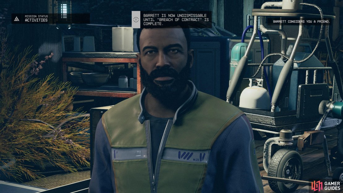 Once your affinity is high enough you can start Barrett&rsquo;s quest, Breach of Contract.