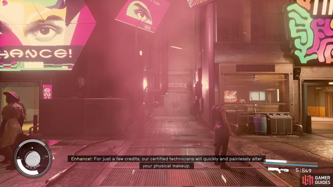Head into Ebbside via the door next to the Enhance shop.