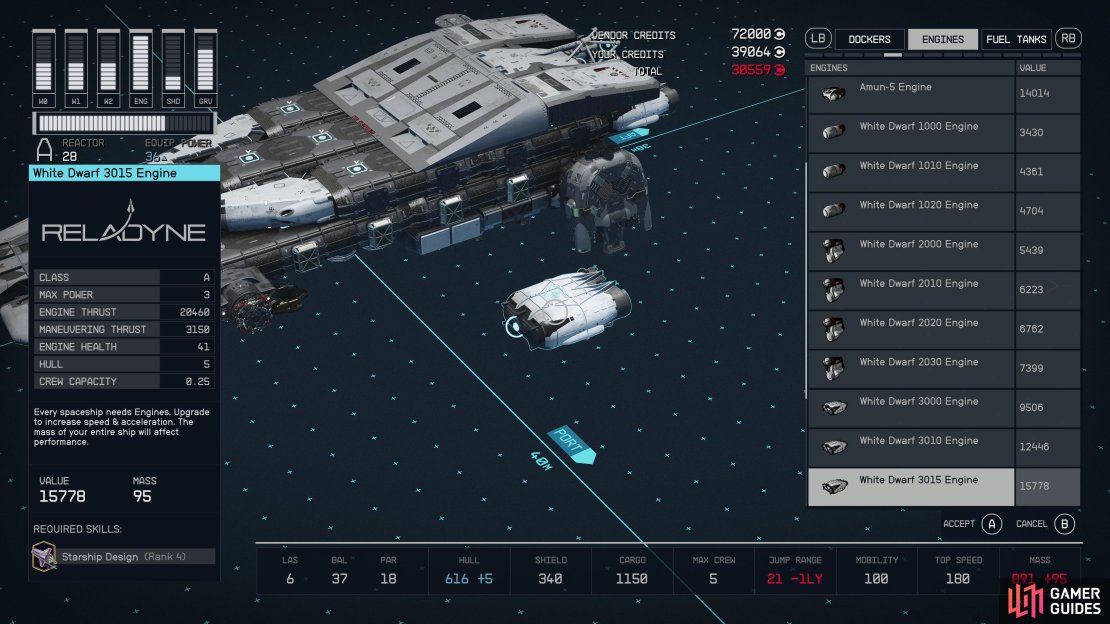Engines generate engine thrust and maneuvering thrust, which increase your top speed and mobility, respectively. Both are negatively impacted by your ship&rsquo;s mass.