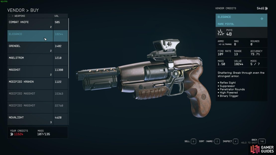The Elegance is a solid pistol for damaging armored opponents or use while stealthed. It&rsquo;s arguably one of the best unique weapons in the early game of Starfield.