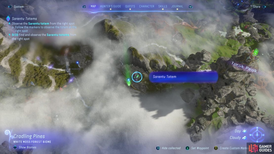 Head southwest of Toruk Peak to find the Cradling Pines Sarentu Totem