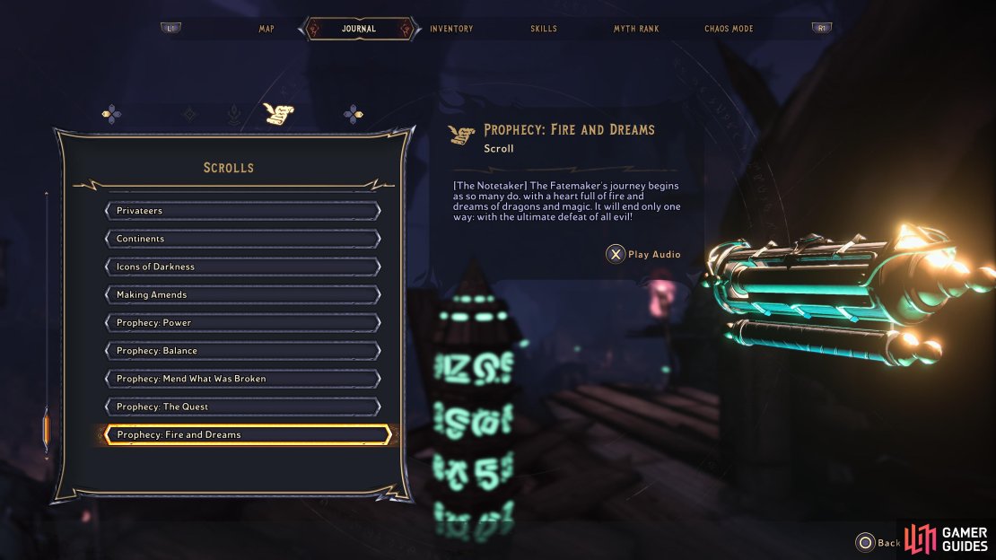 You can listen to the Scrolls you&rsquo;ve collected by going to the third tab in the Journal.