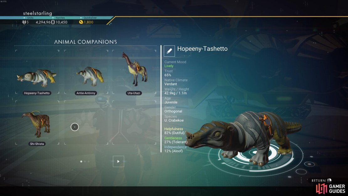 If you want a companion who will help you gather resources, look for one with the Helpfulness trait. You can improve the percentage over time by interacting with the animal and spending time with it.