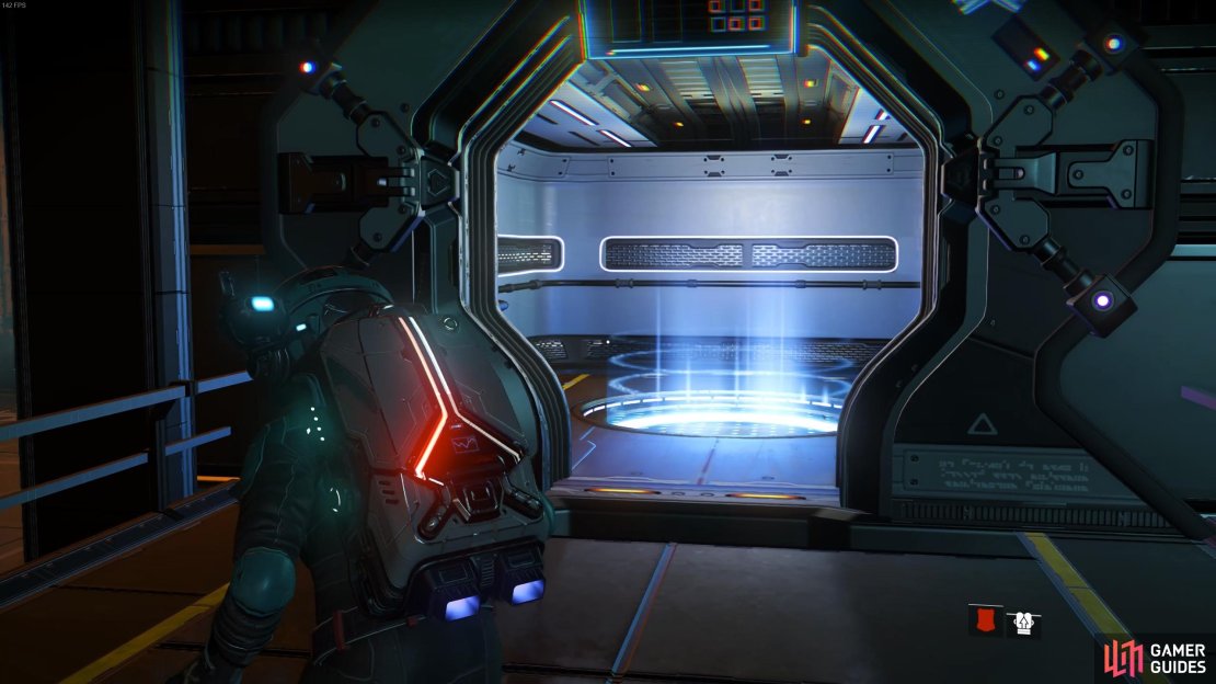 You’ll find a teleporter at the centre of the docking bay which brings you to the main command deck.