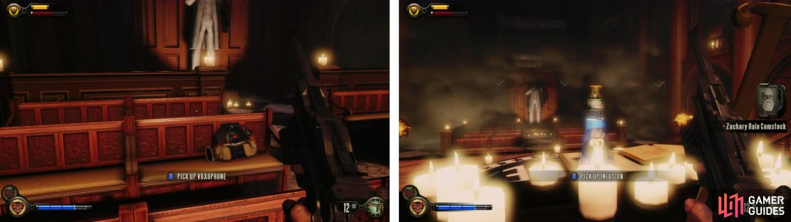 Once the room is clear, grab the Voxophone (left) and Infusion Upgrade (right). You&rsquo;ll also want to grab the key next to this!