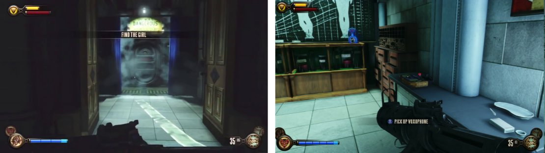 Enter the door on the left of the hallway (left). Inside you&rsquo;ll find a Voxophone (right).