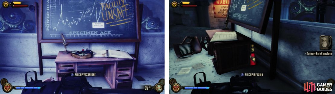 You&rsquo;ll find a Voxophone on the desk (left). Behind the desk you&rsquo;ll find an Infusion Upgrade (right).
